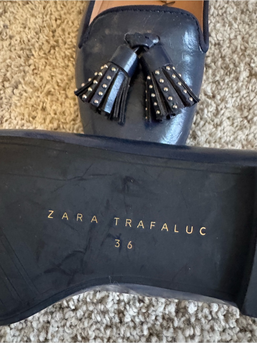 Zara Navy Blue Tassel Loafers with Stud Detail